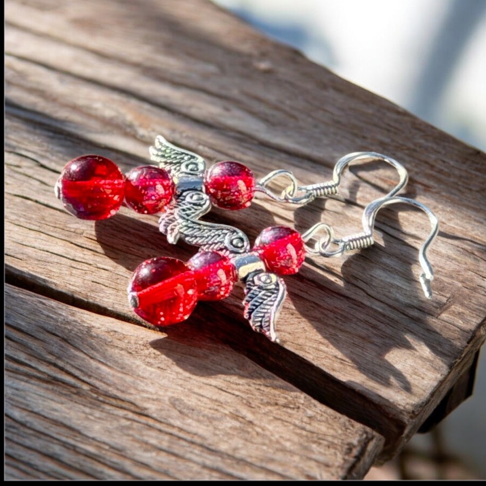 Handcrafted Red Angel Wing Earrings - Picture 6 of 13